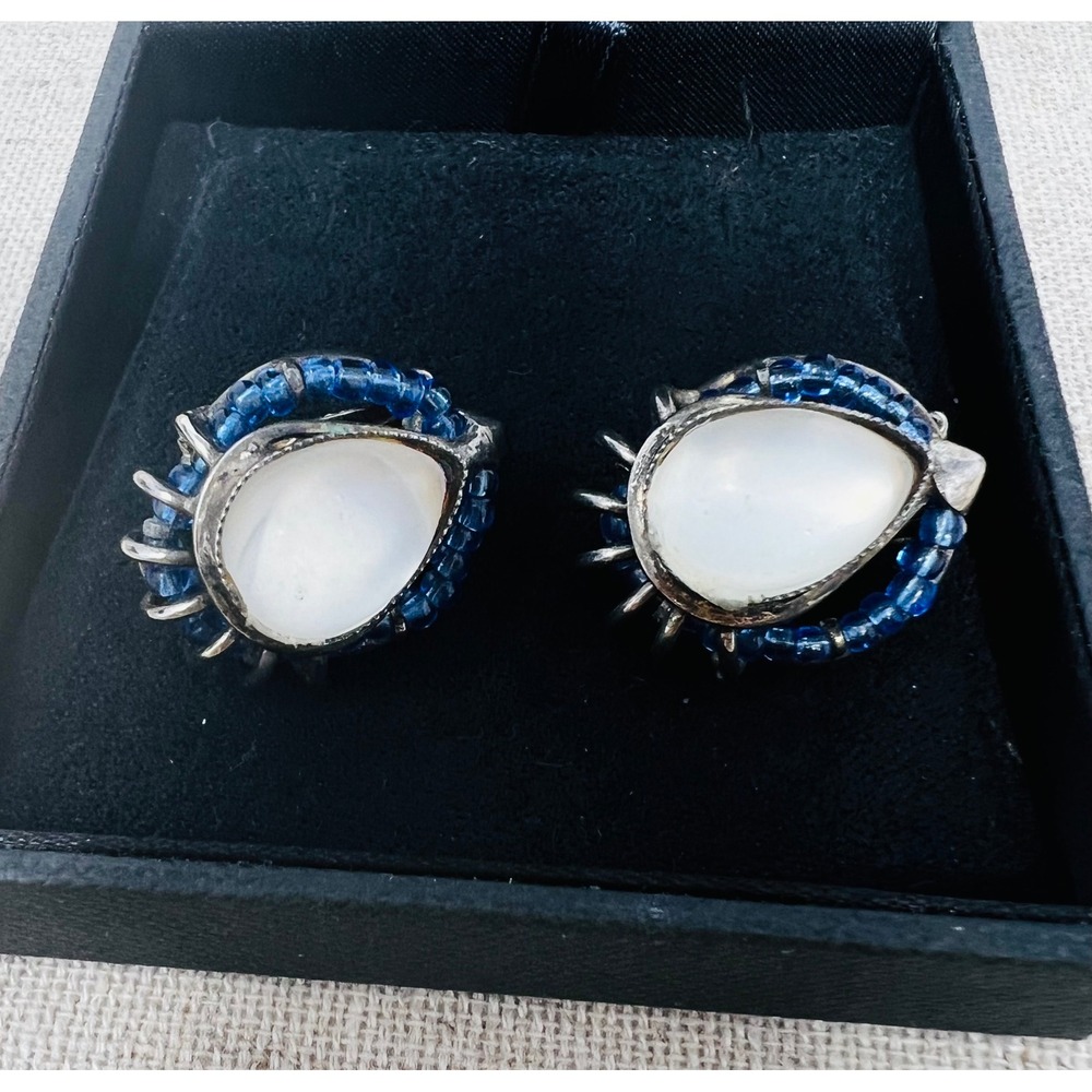Vintage Sterling Silver Blue Seed Bead Faux Moonstone Clip On Earrings Boho